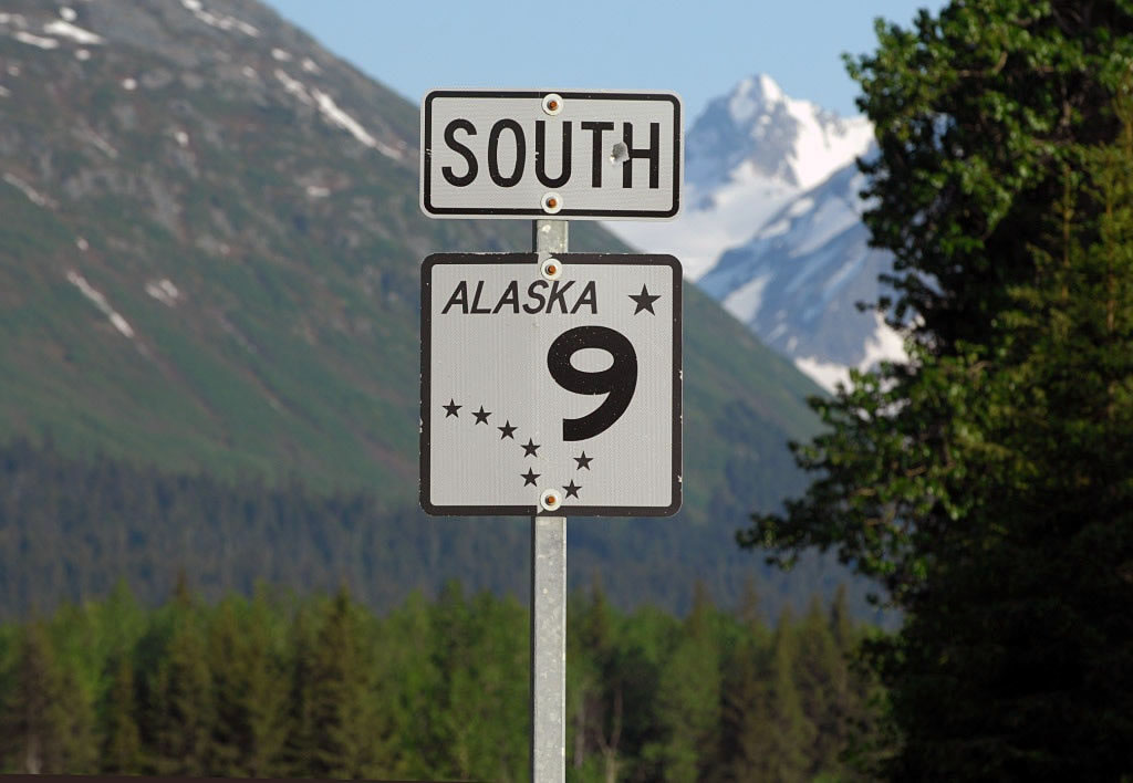 Reassurance shield on southbound Alaska 9/Seward Highway en route to Seward and Kenai Fjords National Park.