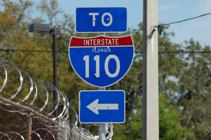 Florida 291 northbound at U.S. 90-98. This shield, installed in 2002, was the last I-110 FL shield and was removed by 2008.