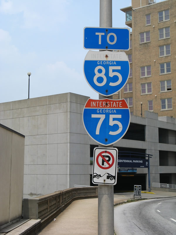 Spring Street east approaching Marietta Street in downtown Atlanta near Centennial Olympic Park.