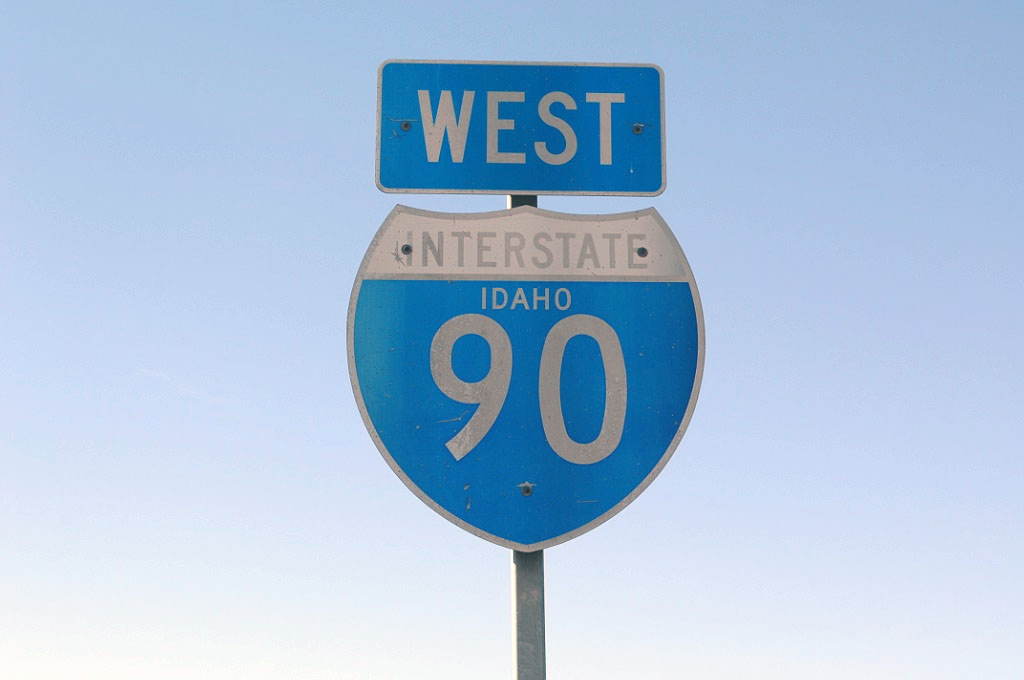 Last westbound Interstate 90 reassurance shield before leaving Idaho and entering Washington near Post Falls. First