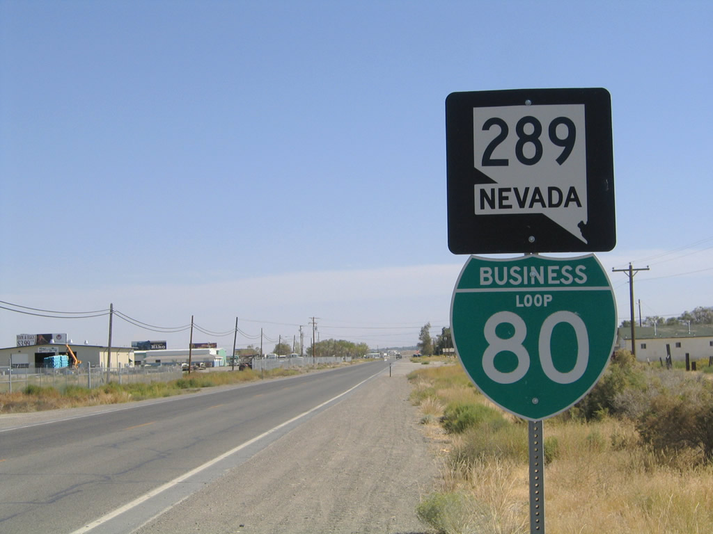 Nevada 289 & Business Loop I-80 shields posted near the Exit 173 interchange of I-80 west of Winnemucca.