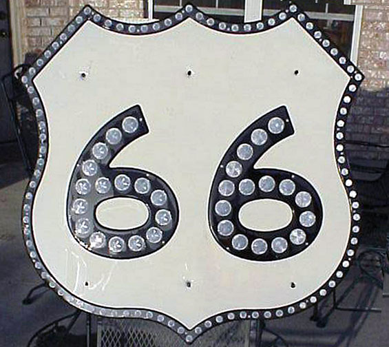 Genuine US-66 sign, intended for green guide sign use. 36x36 inch size. Beware of imitations made, after the fact, using surplus ODOT shield parts.