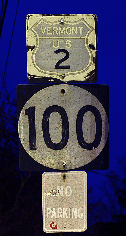 This 1950s shield was hastily pressed back into service sometime around 2007. Note the brand new bolts! The town of Middlebury peeled off the old legend, keeping just the number. Unfortunately, at night, old Scotchlite is no longer reflective, yielding a less than useful highway marker.